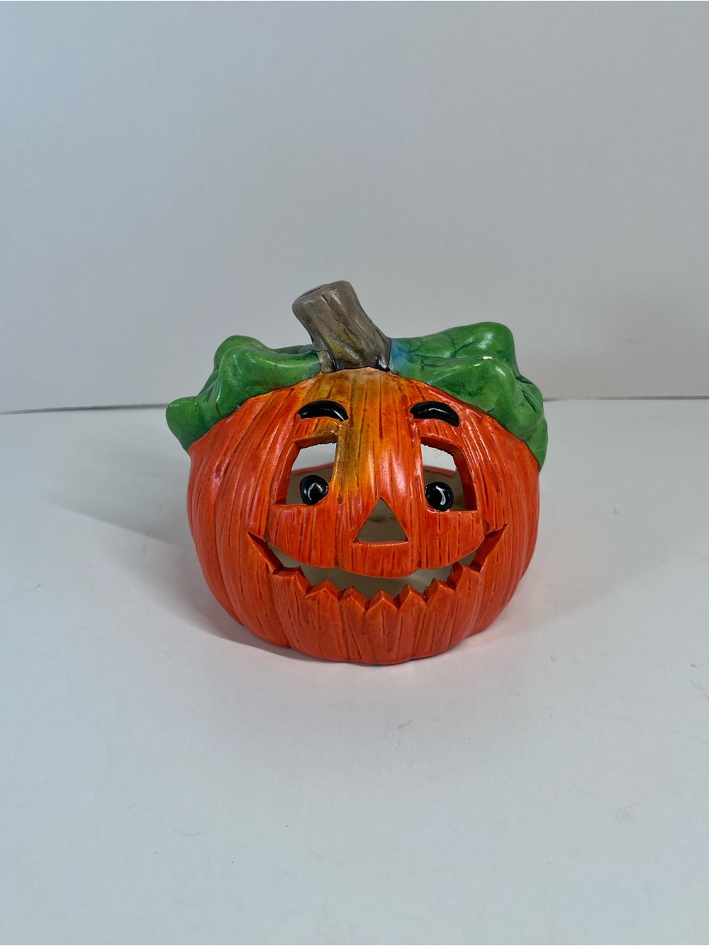 Vtg 90s Encore Ceramic Pumpkin Jack-O-Lantern Candle Tea Light Holder Halloween